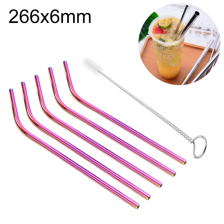 5pcs Reusable Stainless Steel Bent Drinking Straw + Cleaner Brush Set Kit,  266*6mm(Colour)