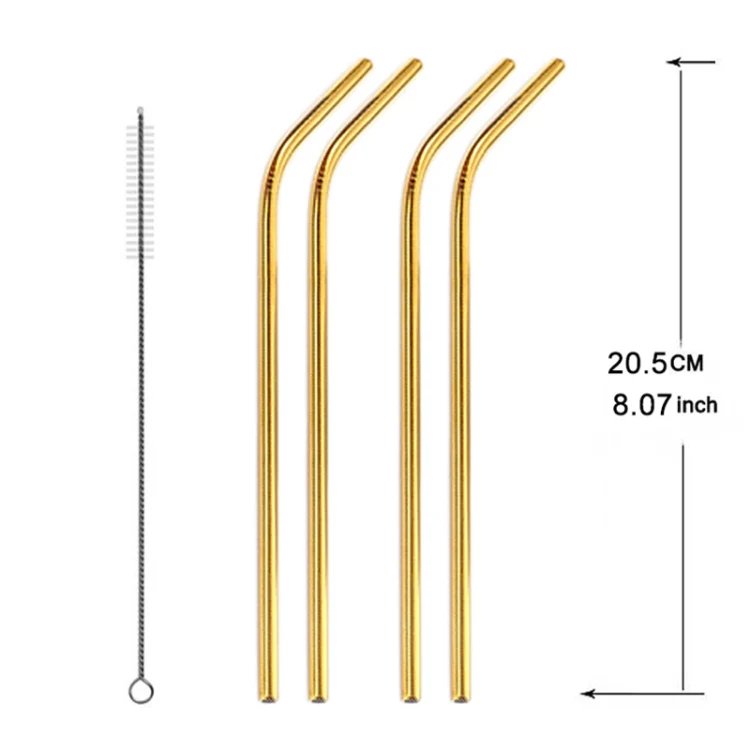 5pcs Reusable Stainless Steel Bent Drinking Straw + Cleaner Brush Set Kit,  266*6mm(Gold) - Image 2