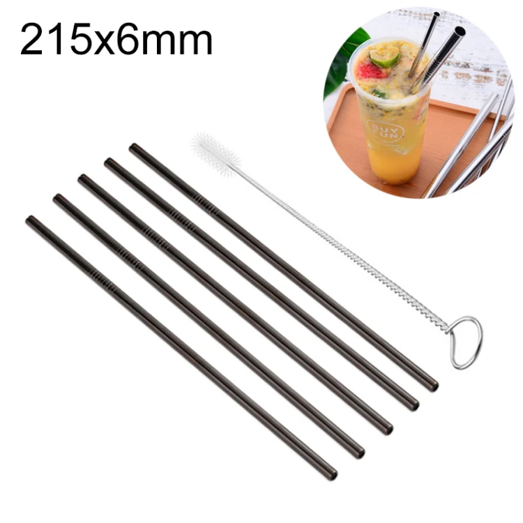 5pcs Reusable Stainless Steel Straight Drinking Straw + Cleaner Brush Set Kit, 215*6mm(Black)