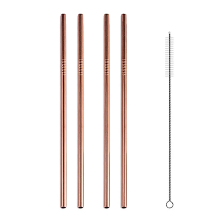 5pcs Reusable Stainless Steel Straight Drinking Straw + Cleaner Brush Set Kit, 215*6mm(Rose Gold) - Image 2