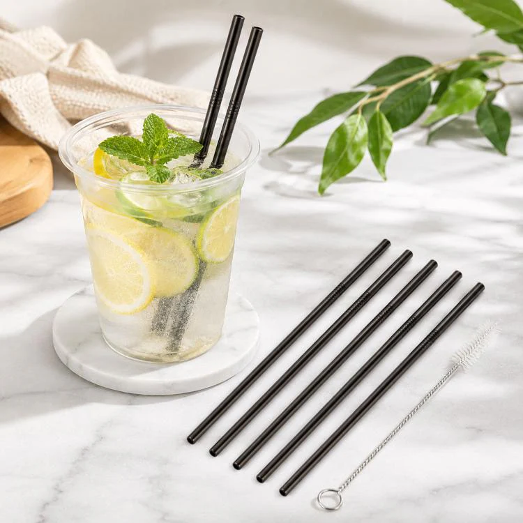 5pcs Reusable Stainless Steel Straight Drinking Straw + Cleaner Brush Set Kit, 215*8mm(Black)