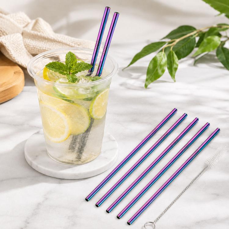 5pcs Reusable Stainless Steel Straight Drinking Straw + Cleaner Brush Set Kit, 215*8mm(Colour)