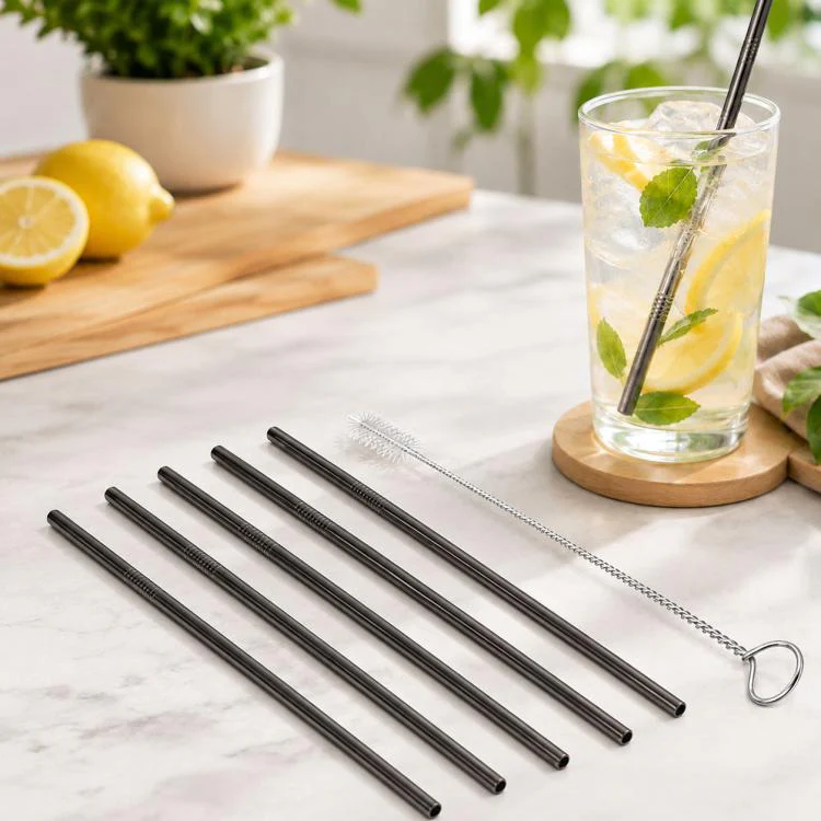 5pcs Reusable Stainless Steel Straight Drinking Straw + Cleaner Brush Set Kit, 266*6mm(Black)