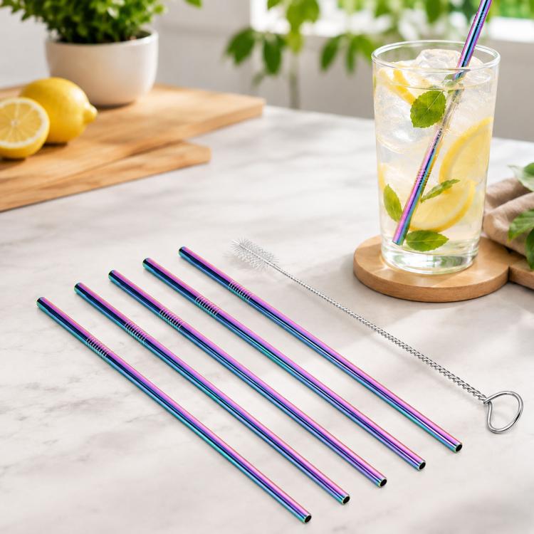 5pcs Reusable Stainless Steel Straight Drinking Straw + Cleaner Brush Set Kit, 266*6mm(Colour)