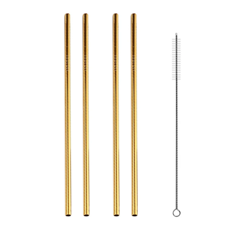 5pcs Reusable Stainless Steel Straight Drinking Straw + Cleaner Brush Set Kit, 266*6mm(Gold) - Image 2