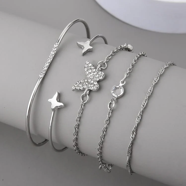 5pcs /Set Bohemian Butterfly Open Cuff Diamond Crystal Bracelet(6388 Silver) - Image 3