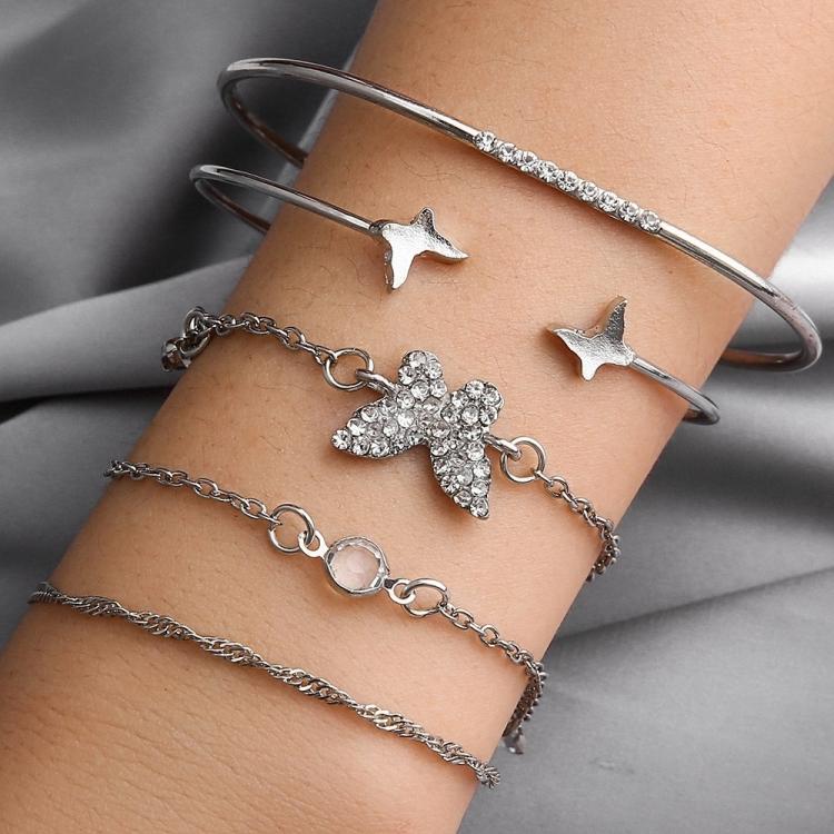 5pcs /Set Bohemian Butterfly Open Cuff Diamond Crystal Bracelet(6388 Silver) - Image 5