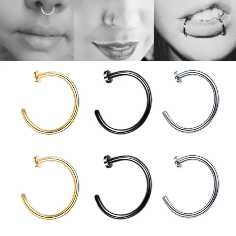 5pcs Stainless Steel Nose Ring Without Hole C-Shape Nose Staple Lip Band Earrings, Size: 0.8 x 10+2(Black) - Image 2