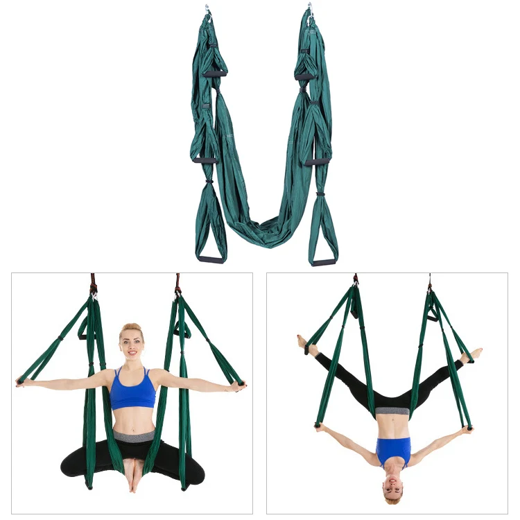6 Handles Bodybuilding Handstand Inelasticity Aerial Yoga Hammock(Dark Green) - Image 2