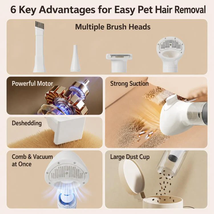 6-in-1 Cordless Pet Hair Vacuum Cleaner & Grooming Kit Strong Suction Handheld Car Vacuum(Purple) - Image 7