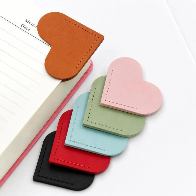6-Piece Set Heart-Shaped Bookmark Clips Minimalist Portable PU Leather Corner Protectors(Red+Linght Green+Lake Blue+Black+Light Brown+Pink)