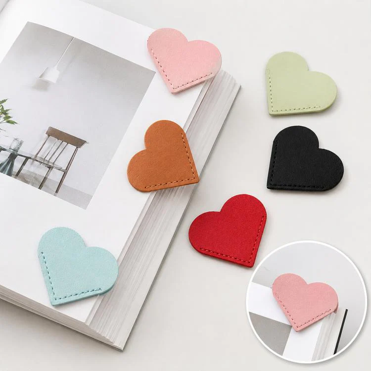 6-Piece Set Heart-Shaped Bookmark Clips Minimalist Portable PU Leather Corner Protectors(Red+Linght Green+Lake Blue+Black+Light Brown+Pink) - Image 6