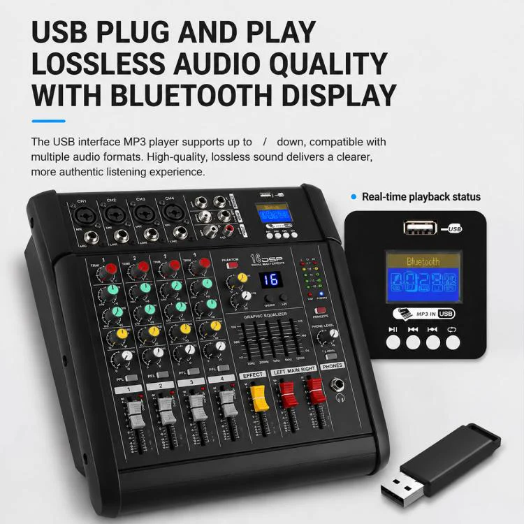 602D 6-Channel Multi-function Professional Bluetooth Mixer with Amplifier, Plug Type:UK Plug(Black) - Image 9