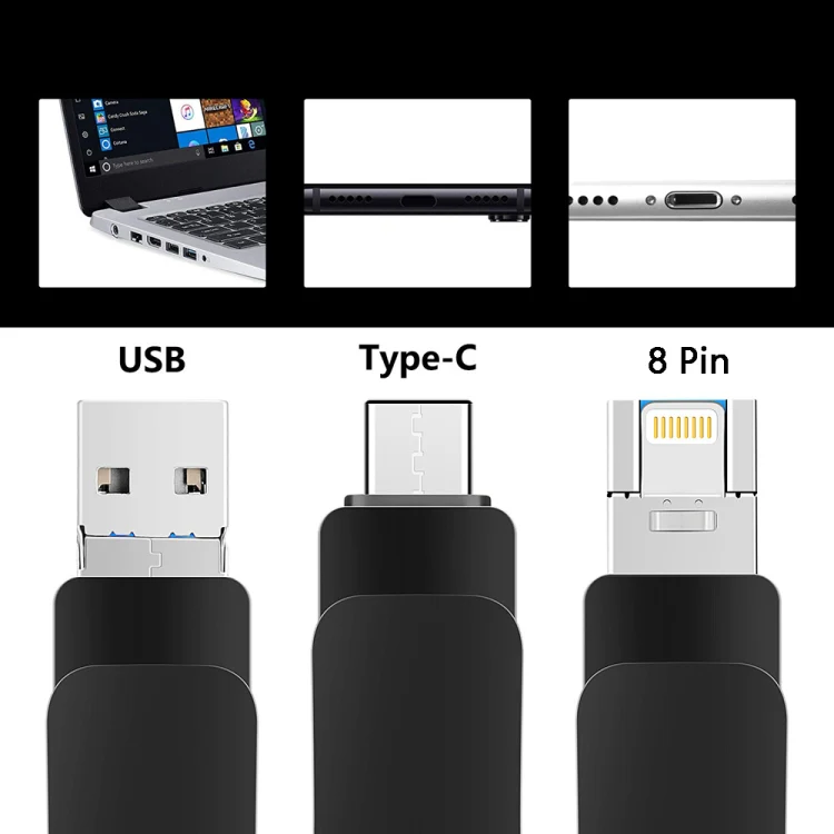 64GB USB 3.0 + 8 Pin + USB-C / Type-C 3 in 1 Mobile Computer Metal U-Disk(Black) - Image 6