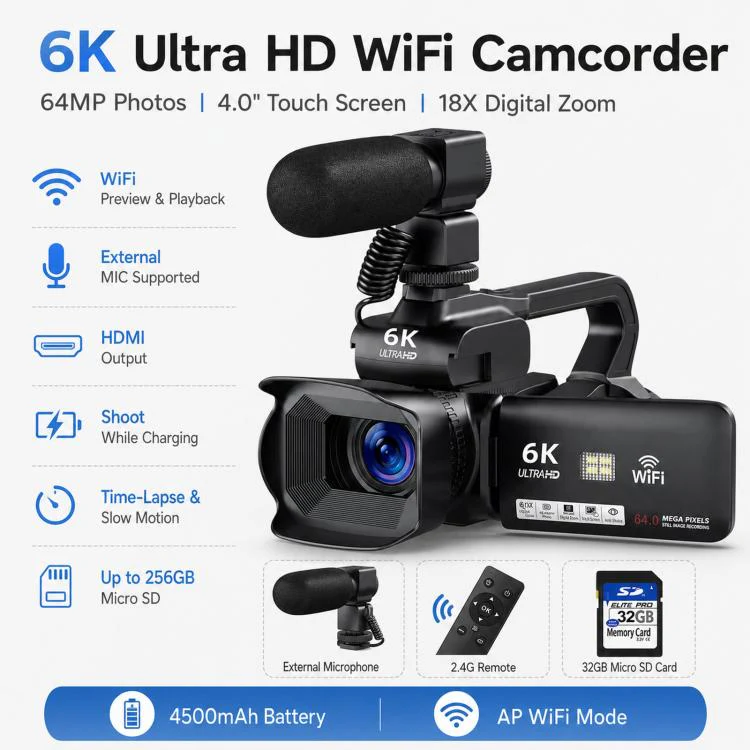 64MP 6K 18X Digital Zoom Camcorder Video Camera With 4-Inch Touch Screen, Microphone & LED Light 32G - Image 3
