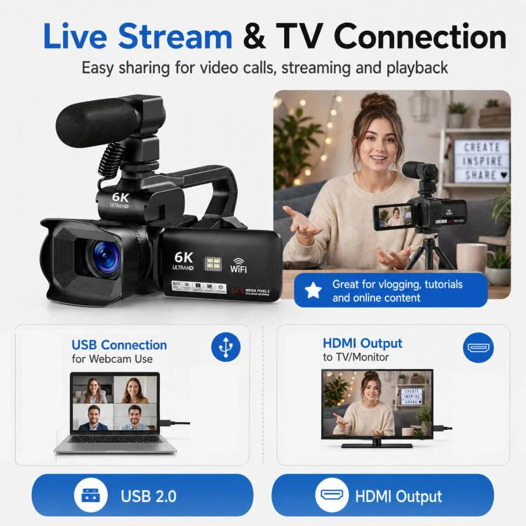 64MP 6K 18X Digital Zoom Camcorder Video Camera With 4-Inch Touch Screen, Microphone & LED Light 32G - Image 6