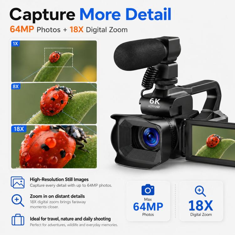 64MP 6K 18X Digital Zoom Camcorder Video Camera With 4-Inch Touch Screen, Microphone & LED Light 64G - Image 4