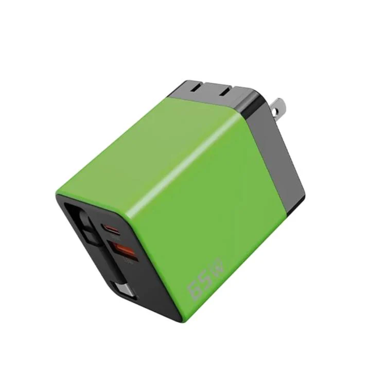 65W GaN Wall Charger With Built-In Retractable USB-C Cable 3-Port Fast Charging Block US Plug(Green)