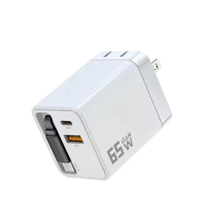 65W GaN Wall Charger With Built-In Retractable USB-C Cable 3-Port Fast Charging Block US Plug(White)
