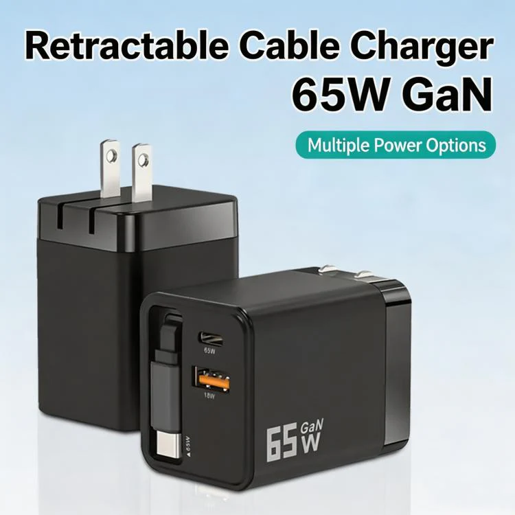 65W GaN Wall Charger With Built-In Retractable USB-C Cable 3-Port Fast Charging Block US Plug(White) - Image 2