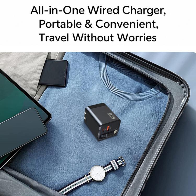 65W GaN Wall Charger With Built-In Retractable USB-C Cable 3-Port Fast Charging Block US Plug(White) - Image 6