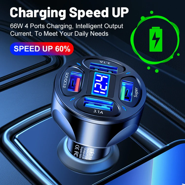66W 4 in 1 Digital Display Fast Charging Car Charger with Voltmeter (Black) - Image 3