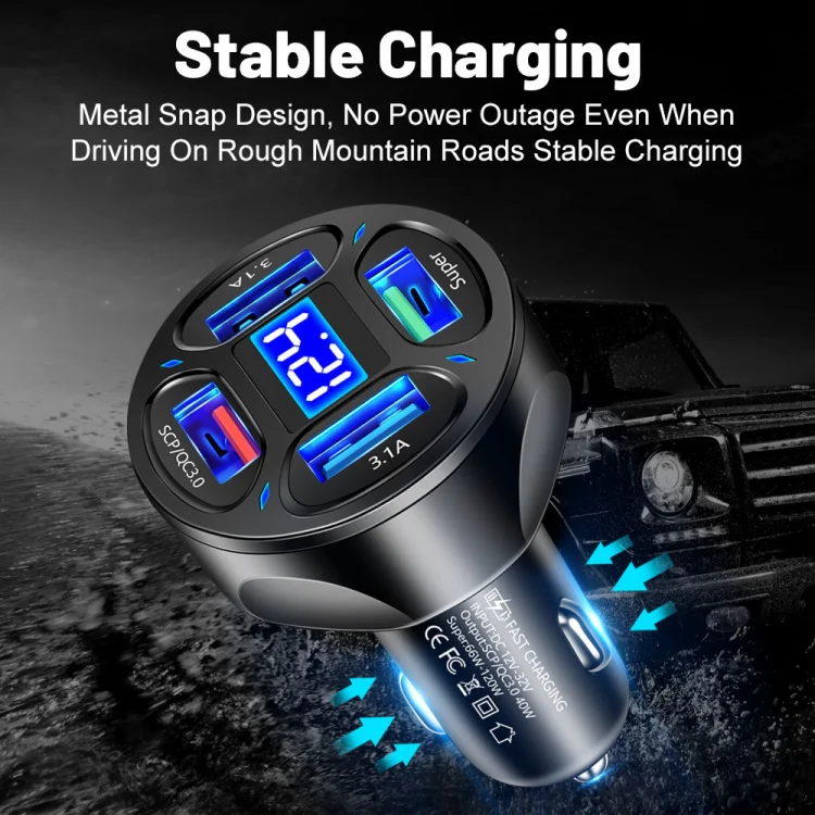 66W 4 in 1 Digital Display Fast Charging Car Charger with Voltmeter (Black) - Image 8