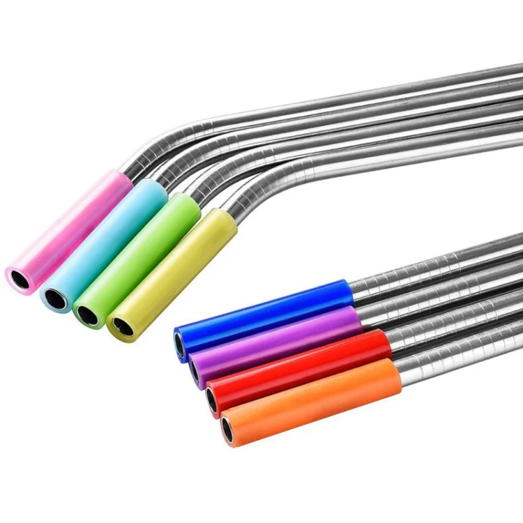 8 PCS Reusable Silicone Tips Stainless Steel Drinking Straws + 2 PCS Cleaner Brushes Set Kit with Cashmere Bag,  266*6mm - Image 3