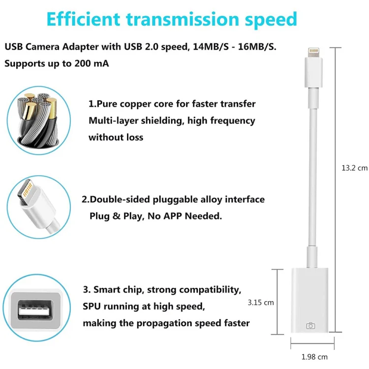 8 Pin to Single USB Port Camera Adapter, Support iOS 9.2 or Above (White) - Image 4