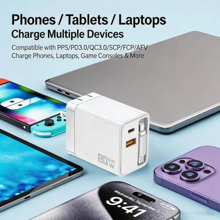 80W GaN Wall Charger With Built-In Retractable USB-C Cable 3-Port Fast Charging Block EU Plug(Green) - Image 3