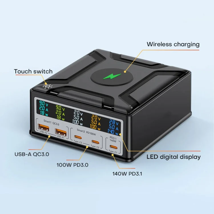 868D 6-In-1 260W High-Power Type-C+USB Multi Ports Charger Supports QI Wireless Charging(EU Plug) - Image 3