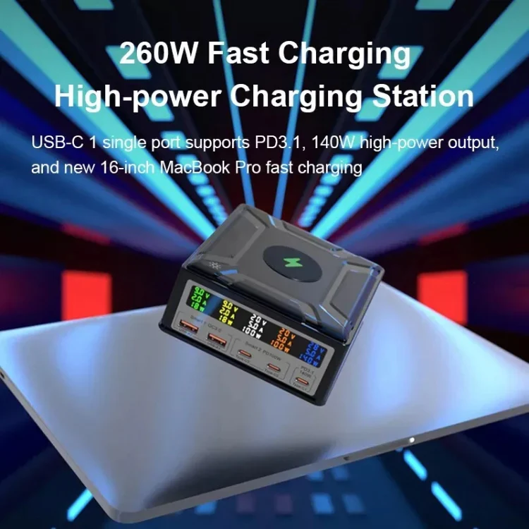 868D 6-In-1 260W High-Power Type-C+USB Multi Ports Charger Supports QI Wireless Charging(EU Plug) - Image 4