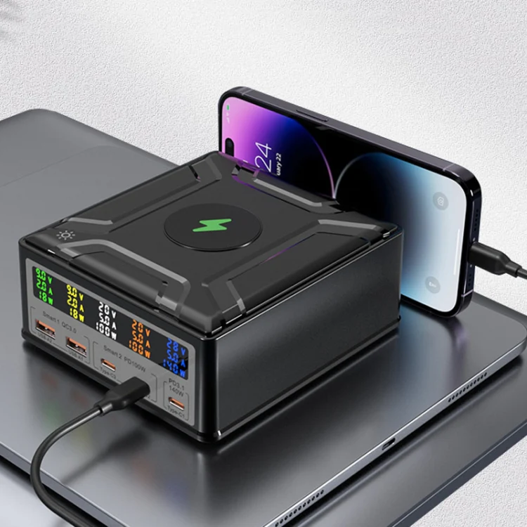 868D 6-In-1 260W High-Power Type-C+USB Multi Ports Charger Supports QI Wireless Charging(UK Plug) - Image 2