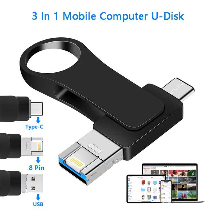 8GB USB 3.0 + 8 Pin + USB-C / Type-C 3 in 1 Mobile Computer Metal U-Disk(Black) - Image 4