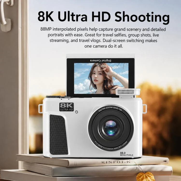 8K Digital Camera With 3.0 Inch IPS Screen 18X Zoom Auto Focus WiFi Micro Camera, Color: White 32GB Memory Card+USB Card Reader - Image 3