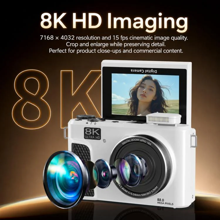8K Digital Camera With 3.0 Inch IPS Screen 18X Zoom Auto Focus WiFi Micro Camera, Color: White 64GB Memory Card+USB Card Reader - Image 2