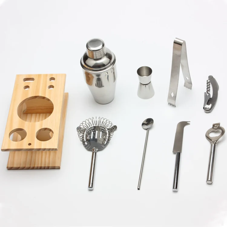 9 in 1 Stainless Steel Cocktail Shaker Tools Set with Wooden Mount, Capacity: 350ml - Image 3