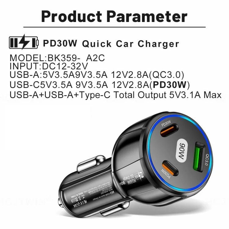 90W Super Fast Charging USB-C Car Charger Dual PD 30W+QC3.0 Charging Station(Black) - Image 3