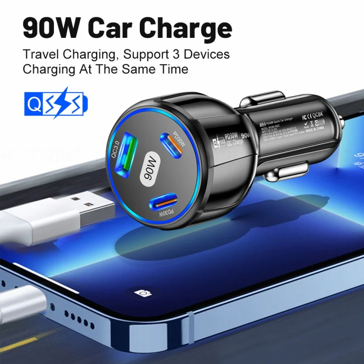 90W Super Fast Charging USB-C Car Charger Dual PD 30W+QC3.0 Charging Station(Black) - Image 5