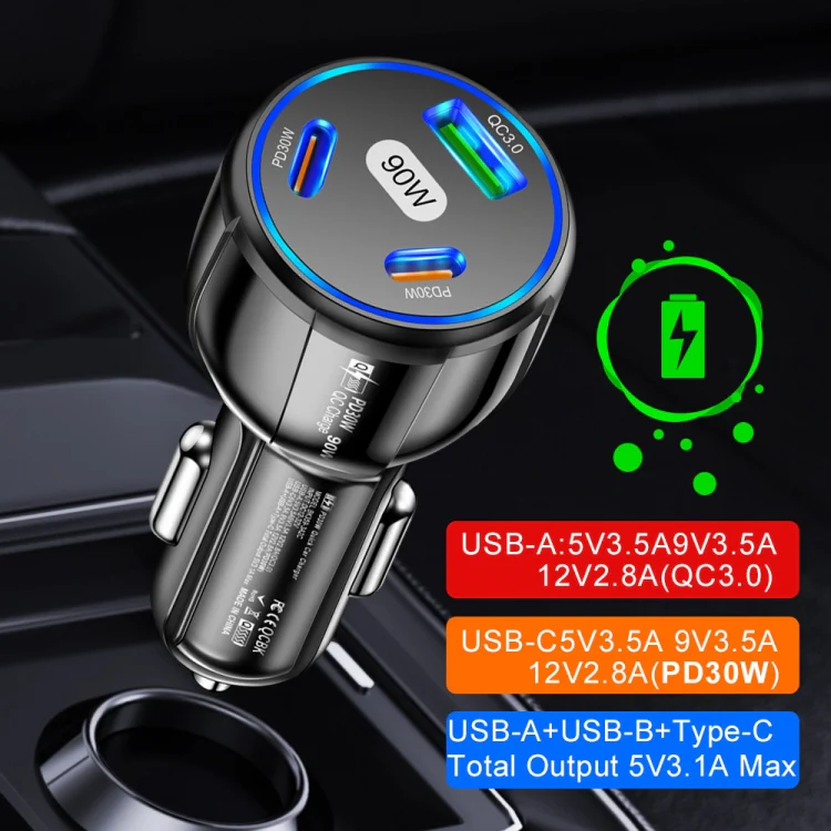 90W Super Fast Charging USB-C Car Charger Dual PD 30W+QC3.0 Charging Station(Black) - Image 6