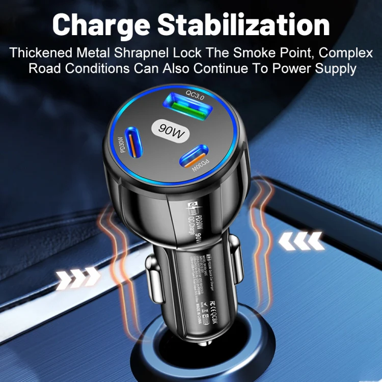 90W Super Fast Charging USB-C Car Charger Dual PD 30W+QC3.0 Charging Station(Black) - Image 8