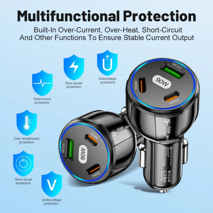 90W Super Fast Charging USB-C Car Charger Dual PD 30W+QC3.0 Charging Station(Black) - Image 9