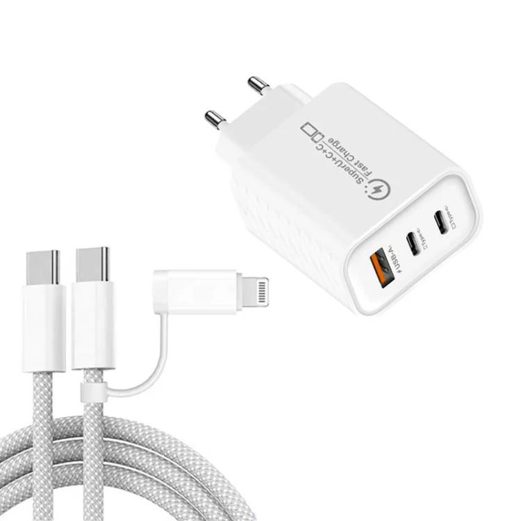 949-2C1A PD25W Type-C x 2, USB 3.0 Charger with Type-C to Type-C / 8 Pin Cable, EU Plug(White)