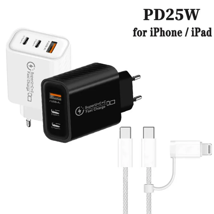 949-2C1A PD25W Type-C x 2, USB 3.0 Charger with Type-C to Type-C / 8 Pin Cable, EU Plug(White) - Image 3