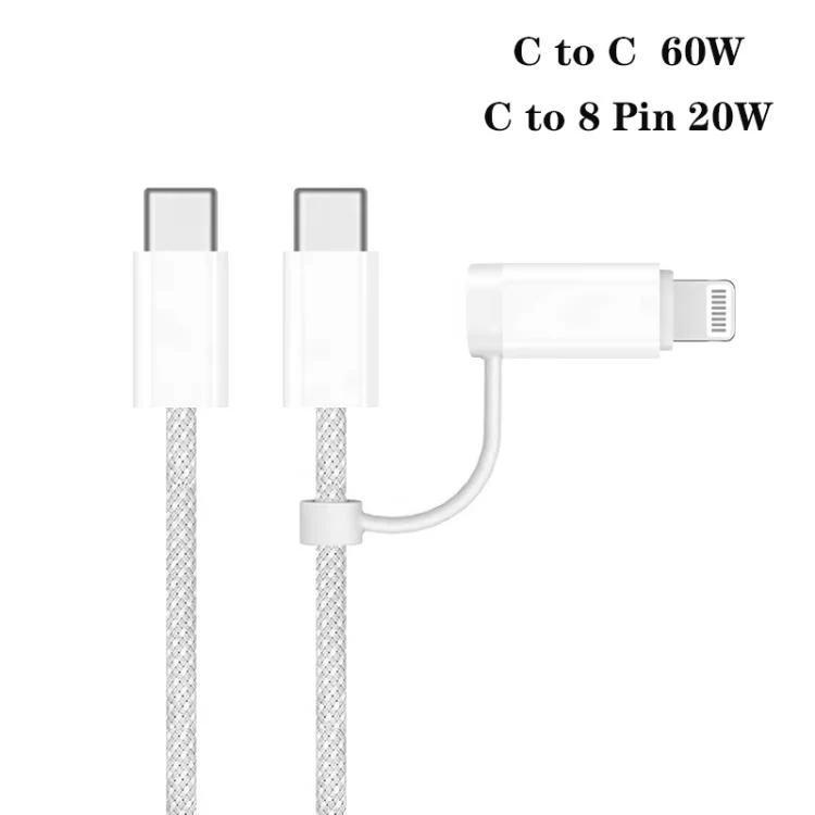 949-2C1A PD25W Type-C x 2, USB 3.0 Charger with Type-C to Type-C / 8 Pin Cable, EU Plug(White) - Image 4