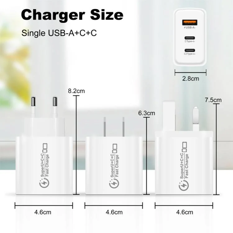 949-2C1A PD25W Type-C x 2, USB 3.0 Charger with Type-C to Type-C / 8 Pin Cable, EU Plug(White) - Image 6