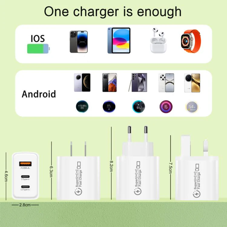 949-2C1A PD25W Type-C x 2, USB 3.0 Charger with Type-C to Type-C / 8 Pin Cable, EU Plug(White) - Image 7