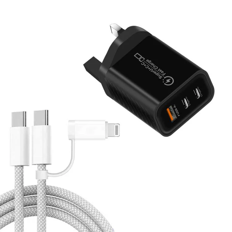 949-2C1A PD25W Type-C x 2, USB 3.0 Charger with Type-C to Type-C / 8 Pin Cable, UK Plug(Black)