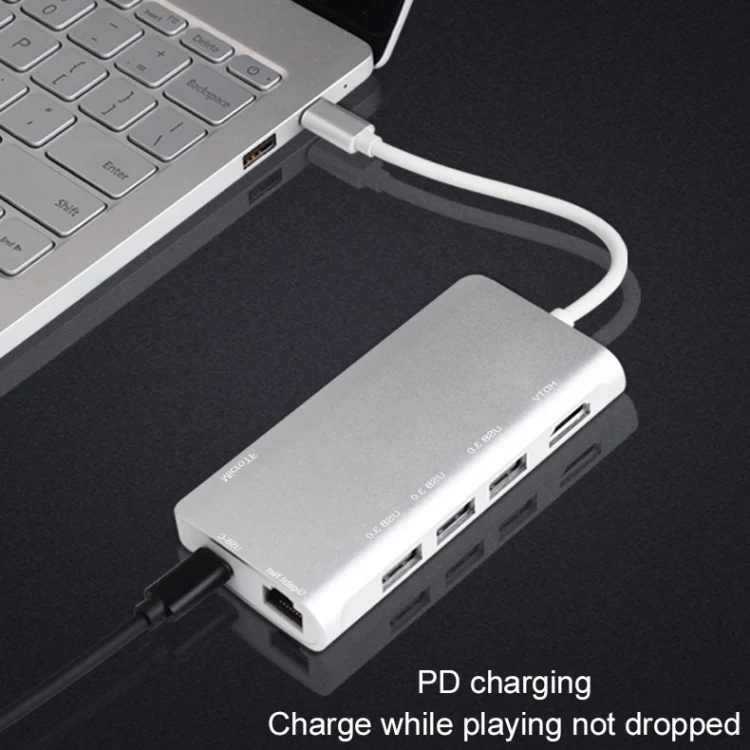 9591C 8 In 1 USB 3.0 x3 + SD / TF Card + HDMI + RJ45 + Type-C / USB-C (PD) Multi-function HUB Converter Dock Station(Silver) - Image 10