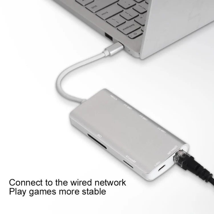 9591C 8 In 1 USB 3.0 x3 + SD / TF Card + HDMI + RJ45 + Type-C / USB-C (PD) Multi-function HUB Converter Dock Station(Silver) - Image 4
